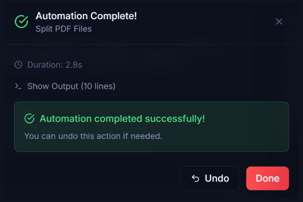 History page showing undo button next to completed automation